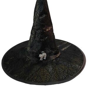 Black Spiderweb Design Witch Hat with Crystal Cat and Tulle Applique
